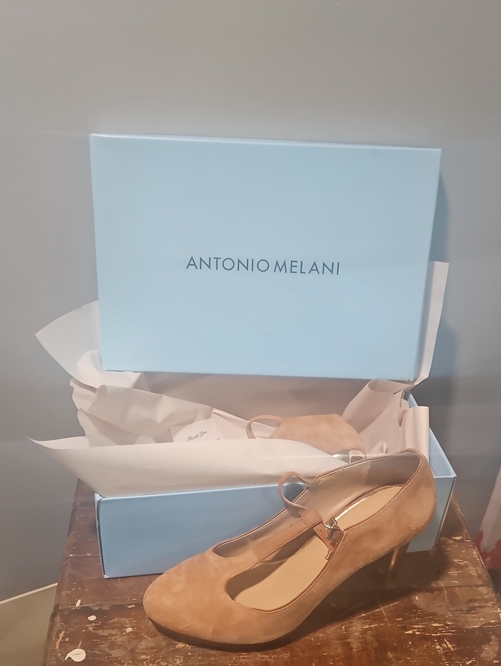ANTONIO MELANI Tan Suede Mary Jane Heels with Strap